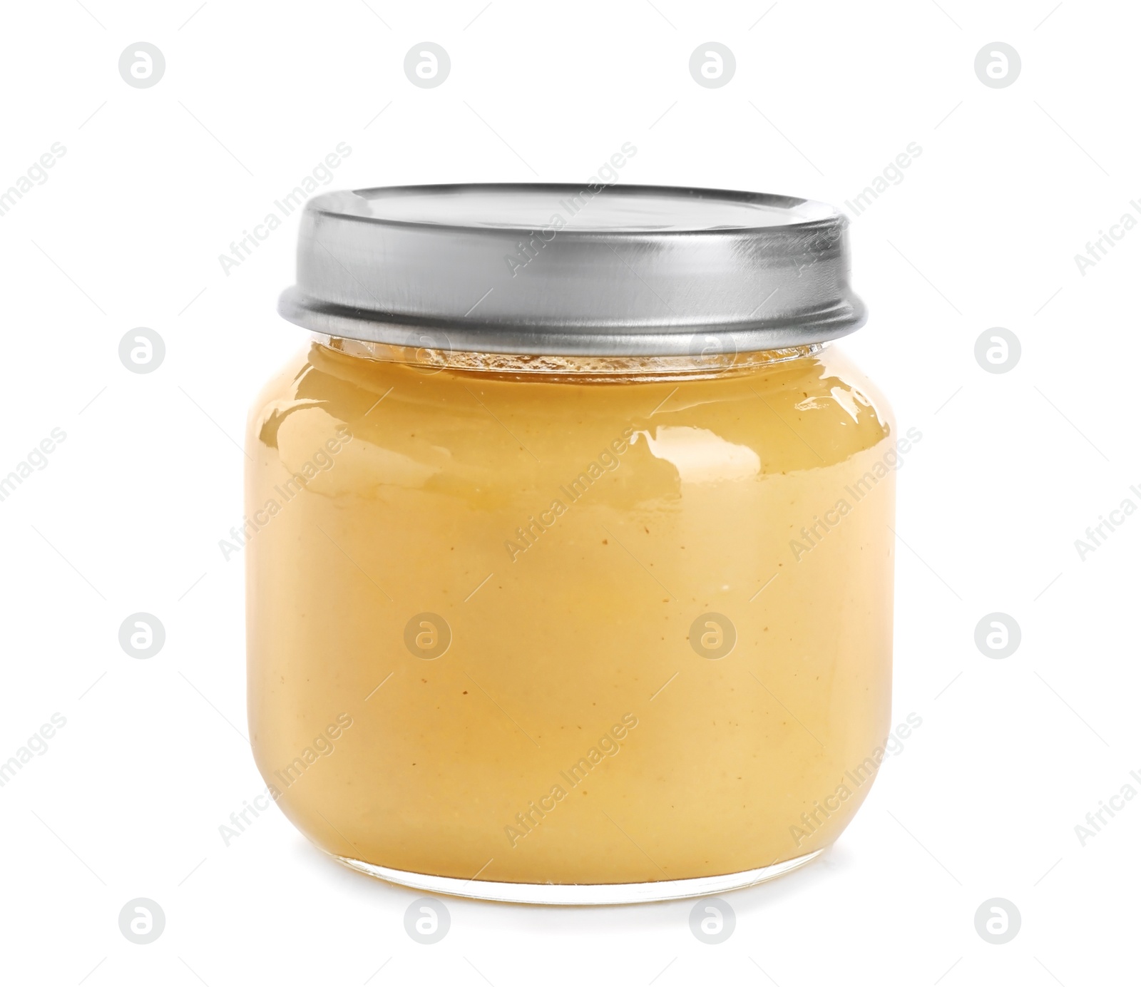 Photo of Jar with healthy baby food on white background