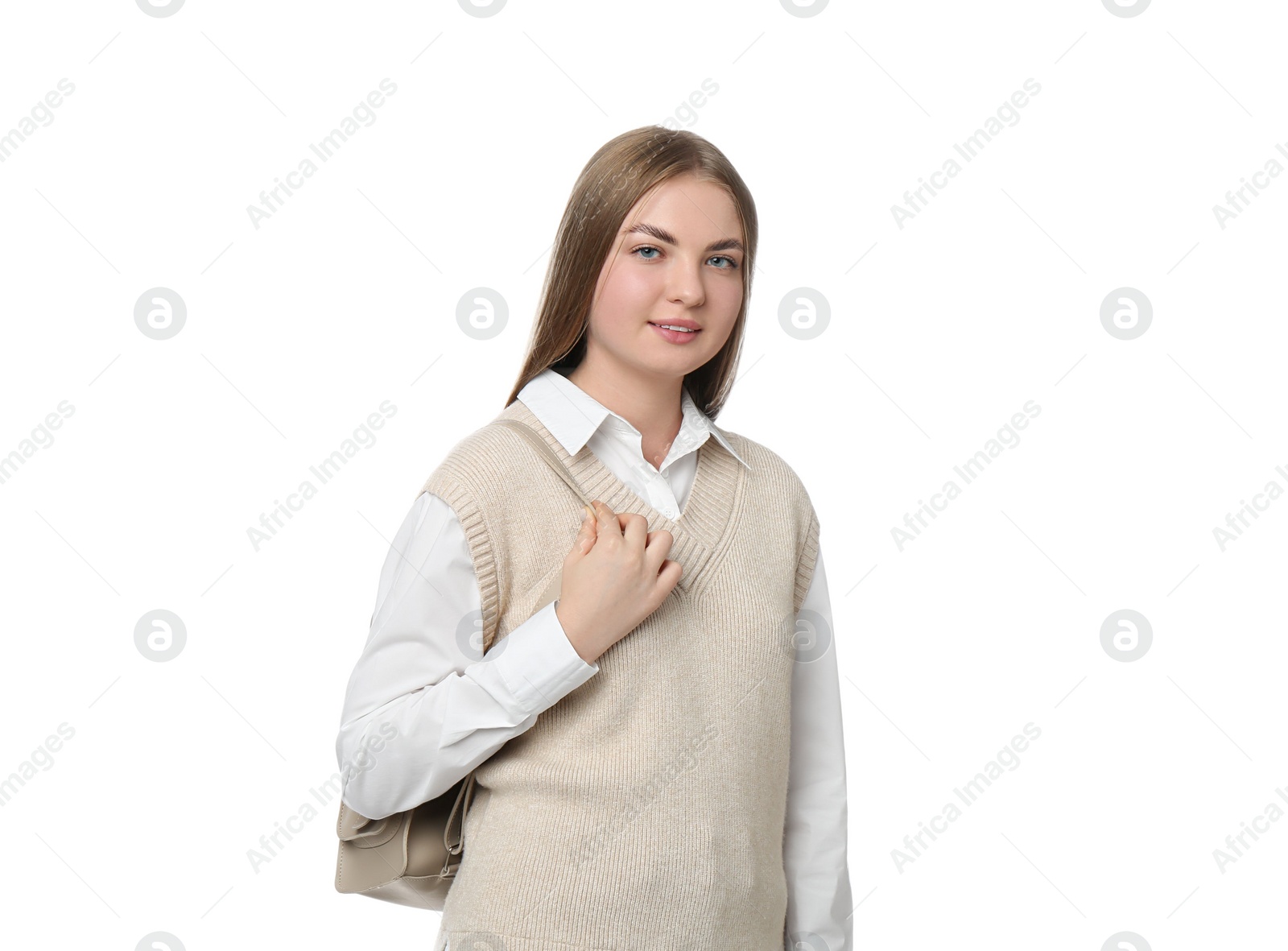 Photo of Teenage student with backpack on white background