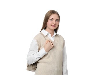 Teenage student with backpack on white background