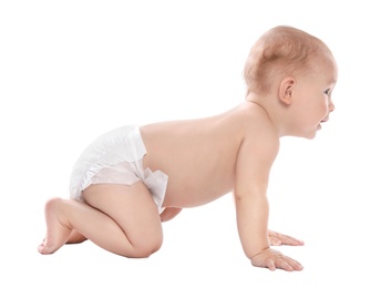 Photo of Cute little baby crawling on white background