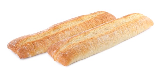 Photo of Tasty baguettes on white background. Fresh bread