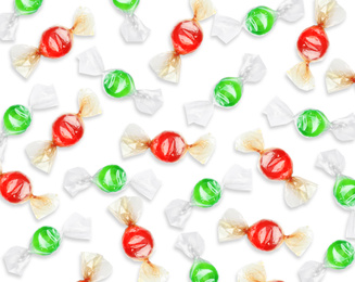 Image of Tasty candies on white background. Pattern design