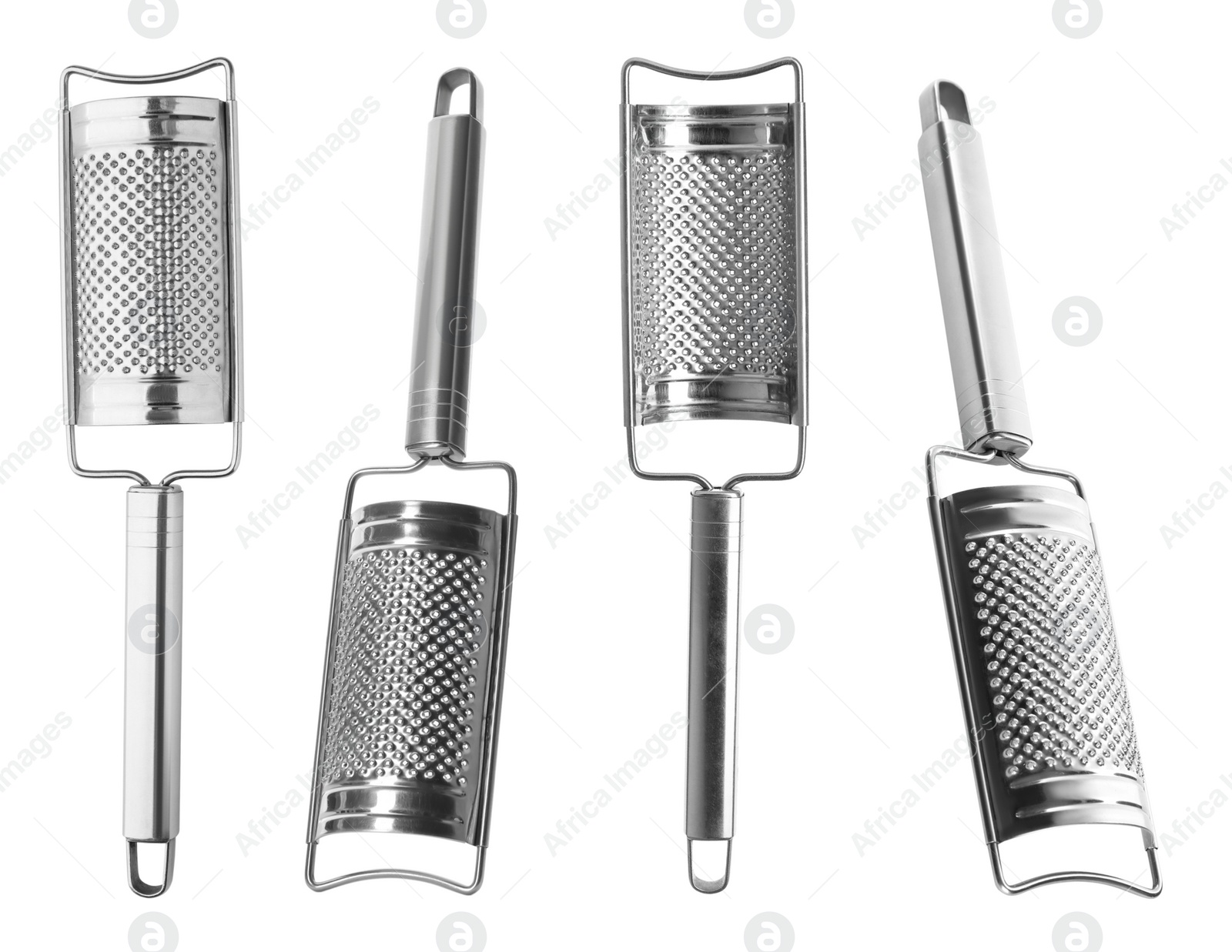 Image of Stainless steel graters on white background, collage 