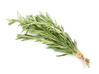 Photo of Bunch of fresh rosemary on white background, top view