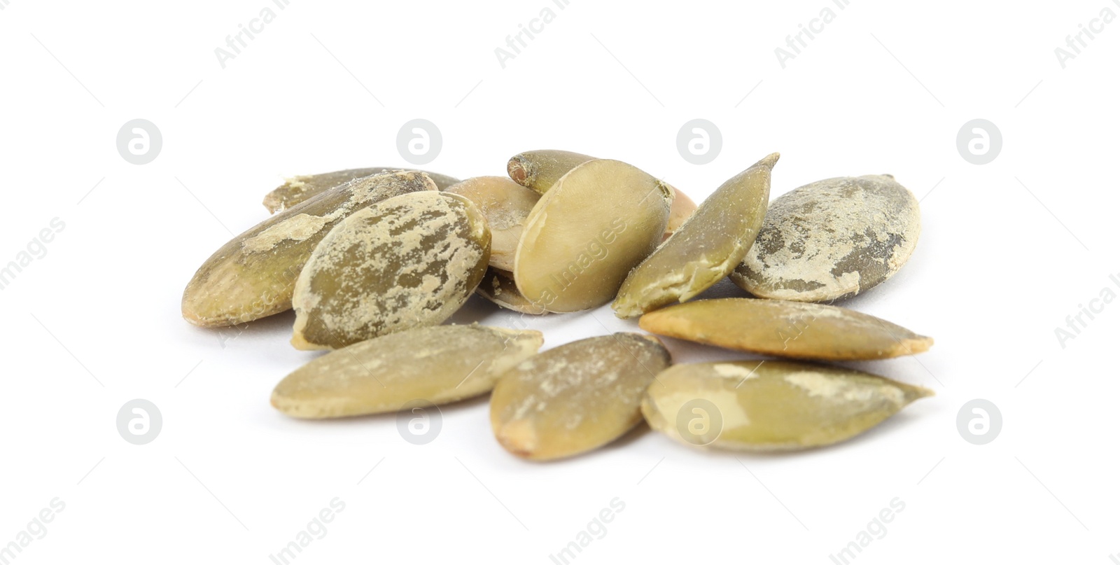 Photo of Raw peeled pumpkin seeds on white background