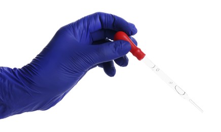 Scientist with pipette on white background, closeup