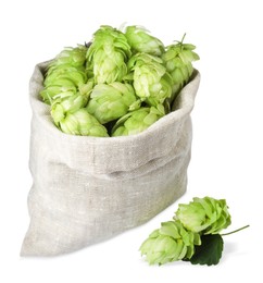 Photo of Sack with fresh green hops on white background