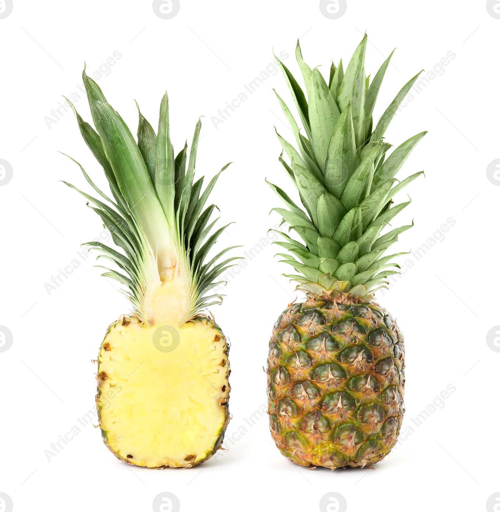 Photo of Whole and cut juicy pineapples isolated on white