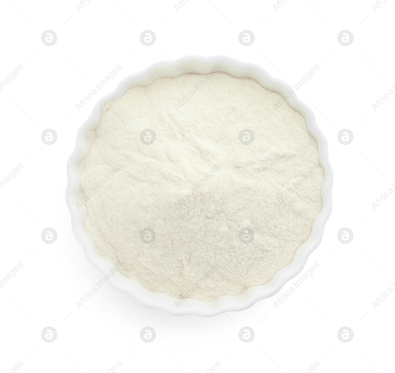 Photo of Bowl of agar-agar powder isolated on white, top view