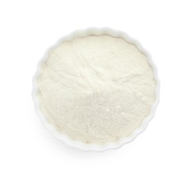 Photo of Bowl of agar-agar powder isolated on white, top view