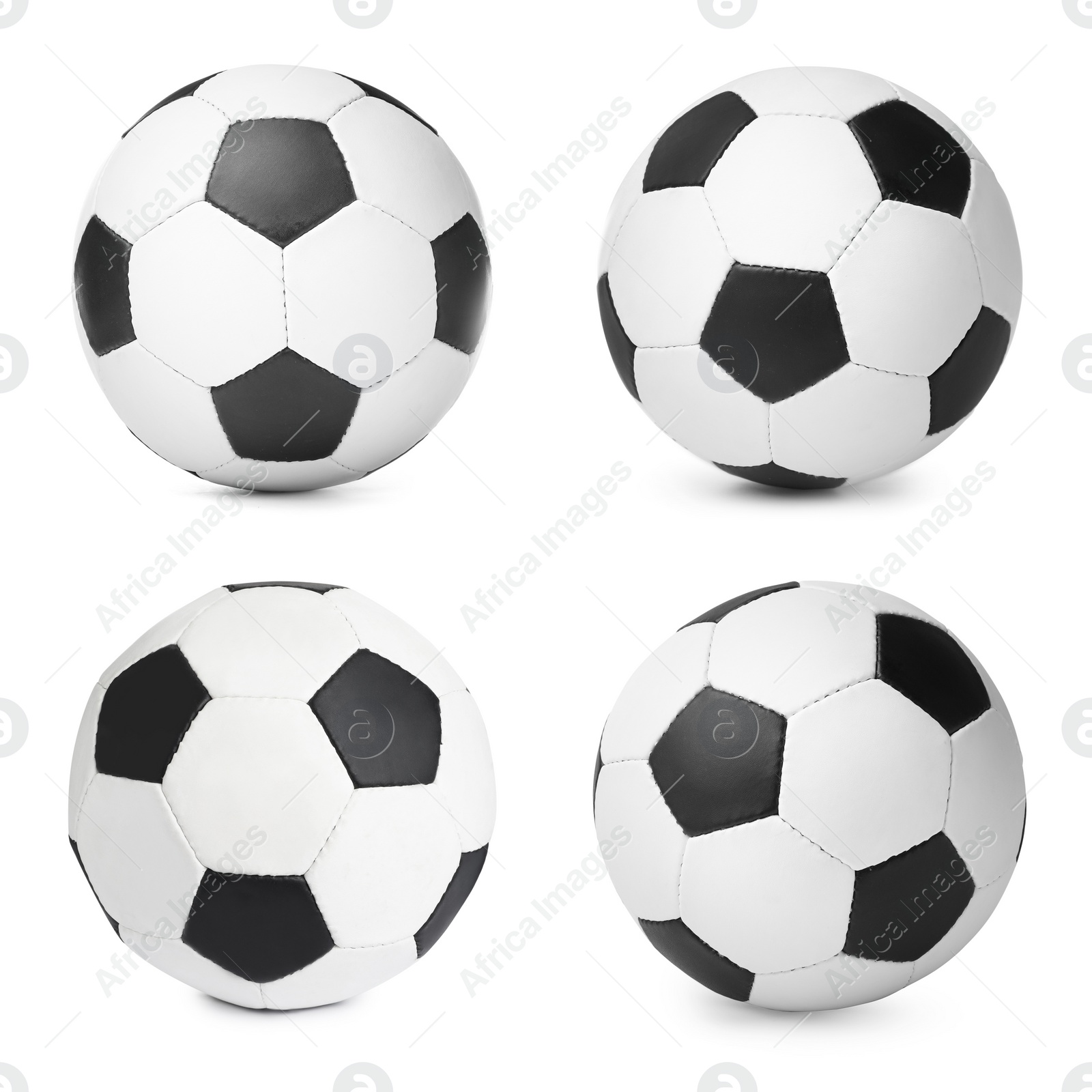 Image of Set with soccer balls on white background. Football equipment