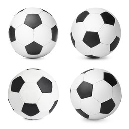 Set with soccer balls on white background. Football equipment