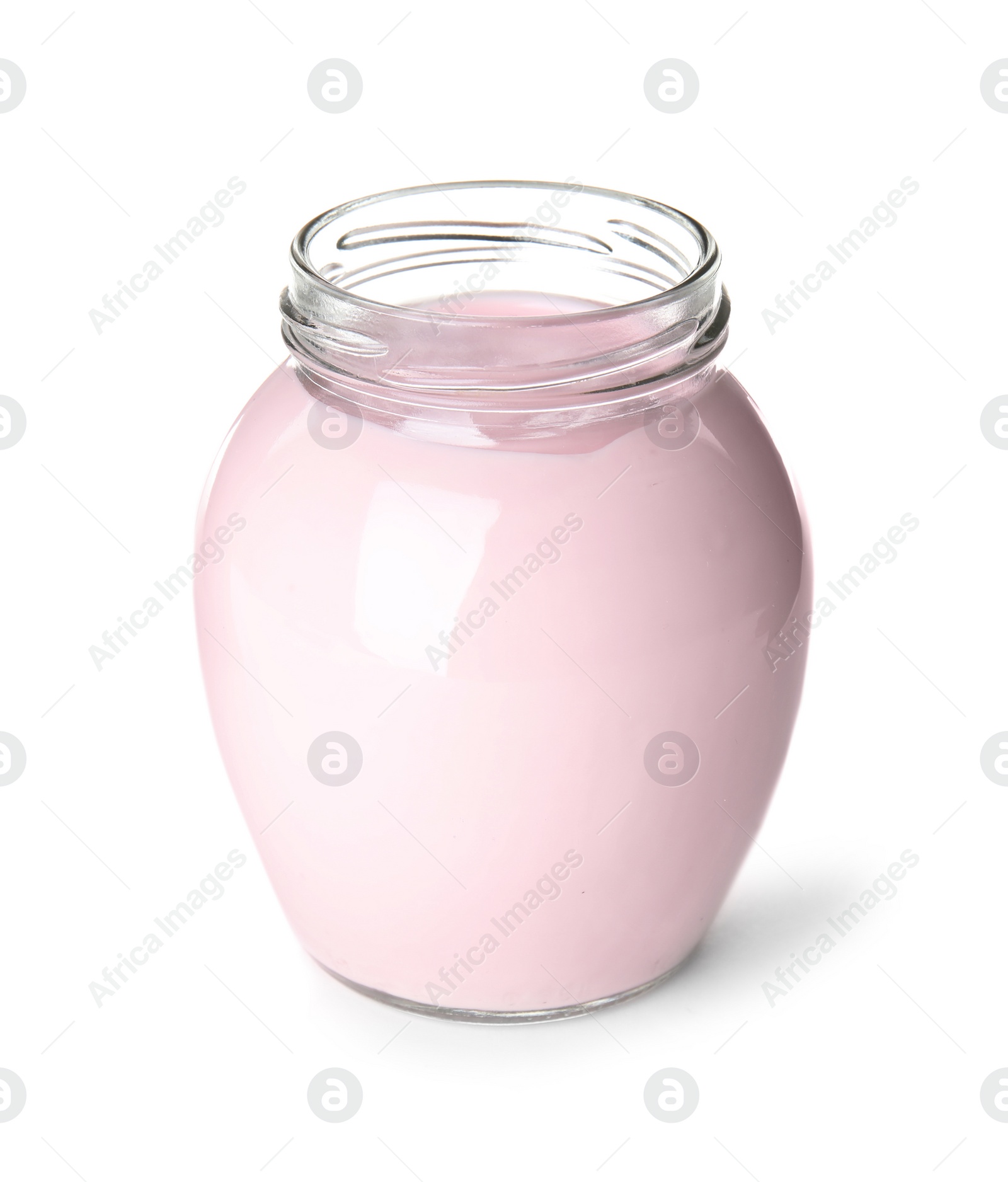 Photo of Glass jar with creamy yogurt on white background