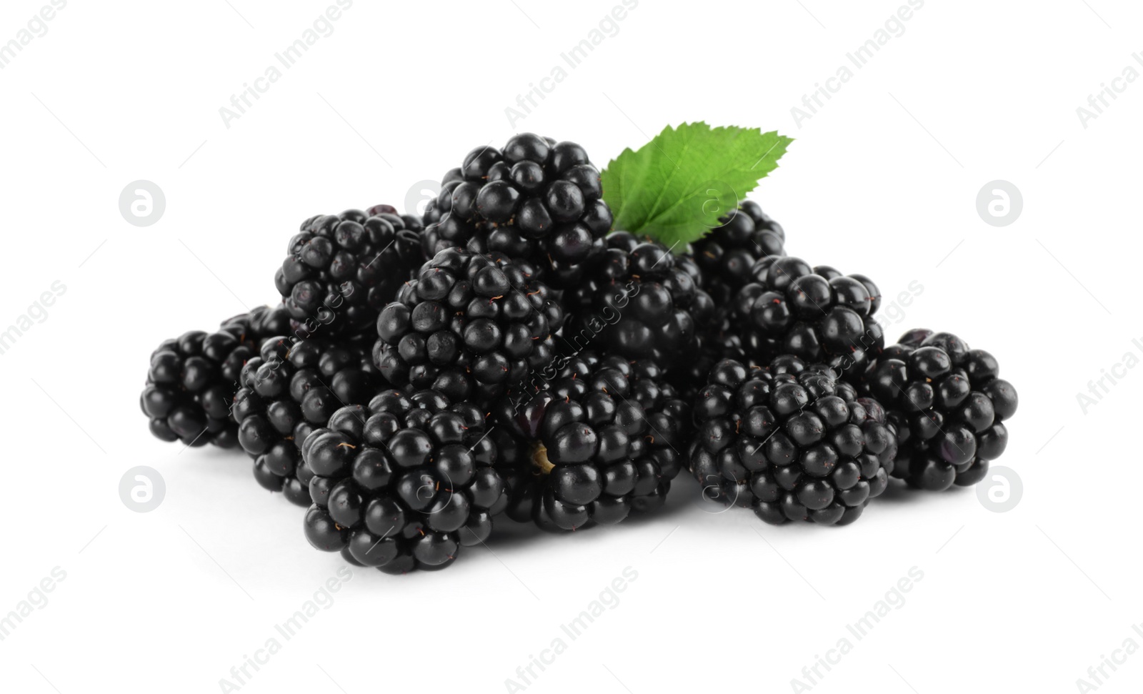 Photo of Tasty ripe blackberries and leaf on white background