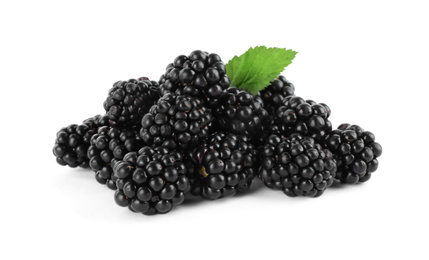 Photo of Tasty ripe blackberries and leaf on white background