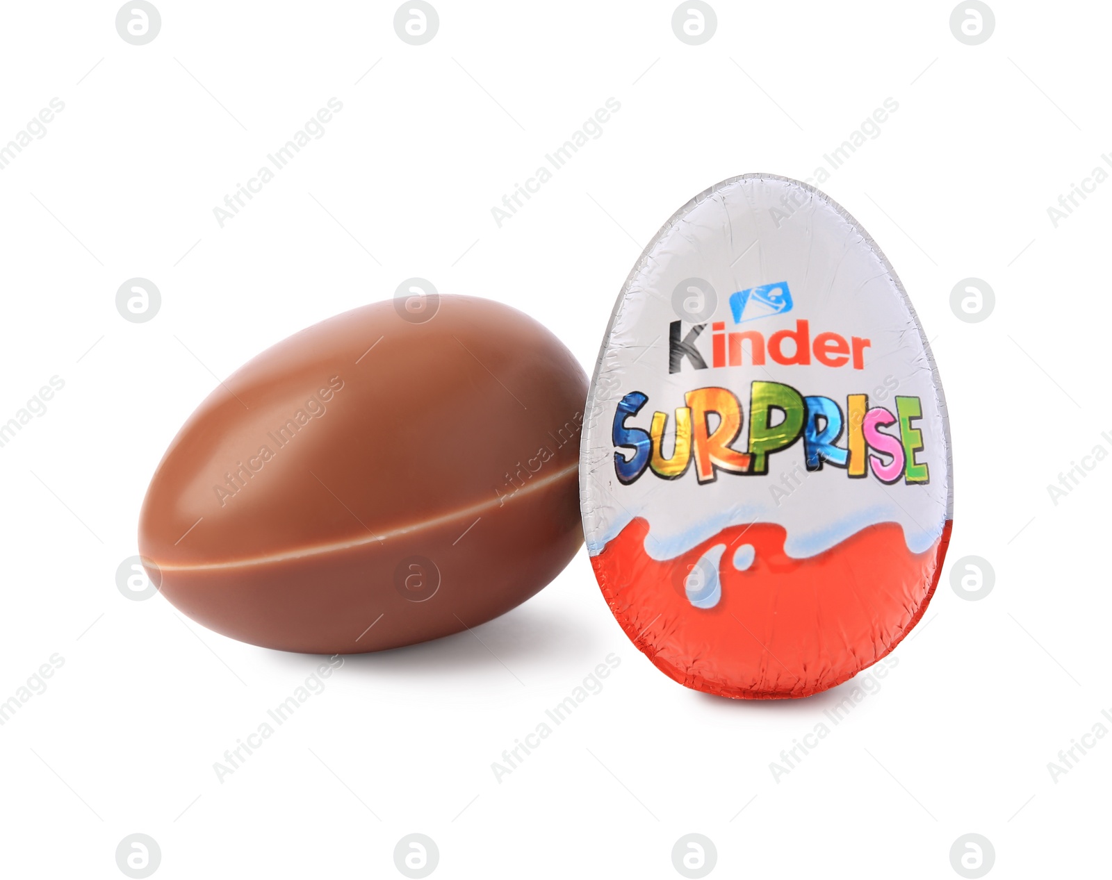 Photo of Slynchev Bryag, Bulgaria - May 23, 2023: Two Kinder Surprise Eggs on white background