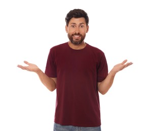 Embarrassed man in shirt on white background