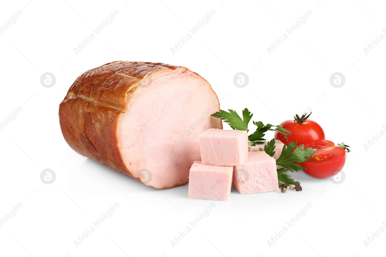 Photo of Tasty ham with cherry tomatoes, parsley and pepper isolated on white