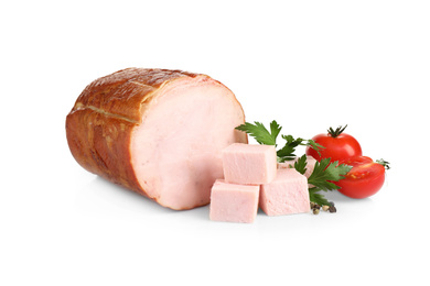 Tasty ham with cherry tomatoes, parsley and pepper isolated on white