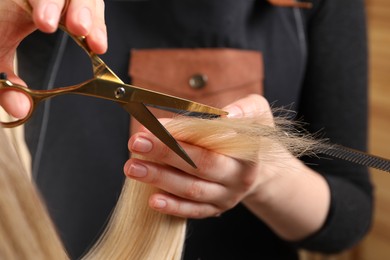 Photo of Hairdresser cutting client's hair with scissors in salon, closeup