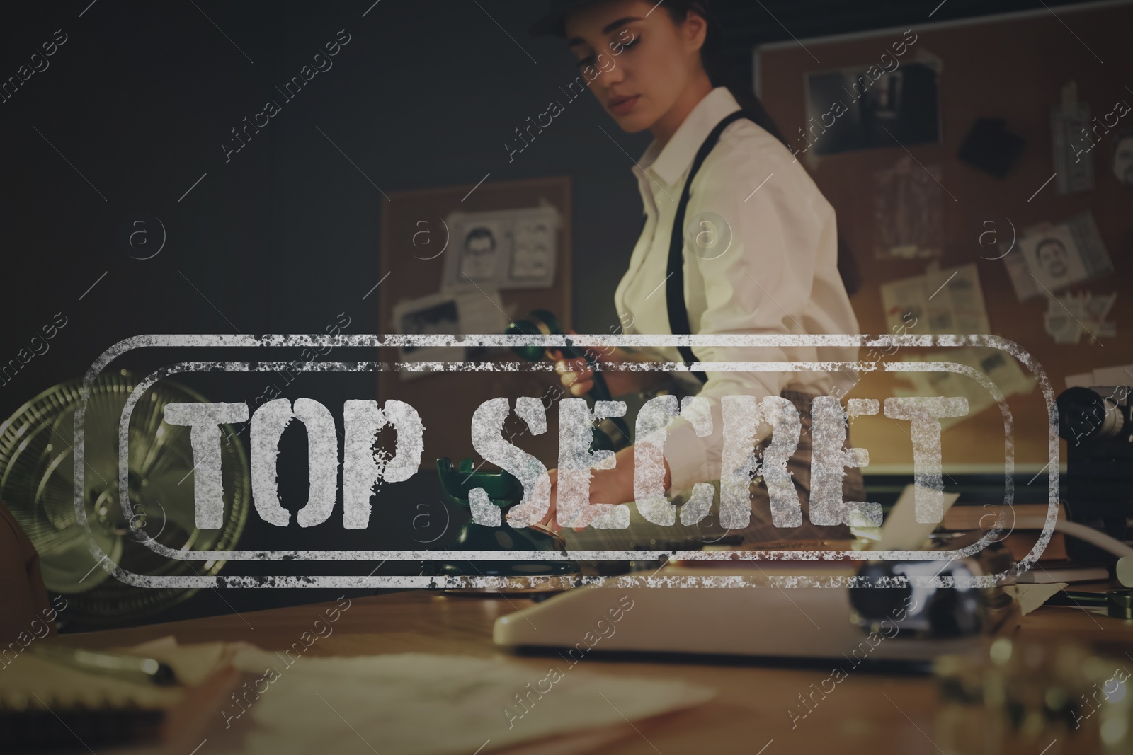 Image of Classified information of investigation. Old fashioned detective working in office. Stamp Top Secret