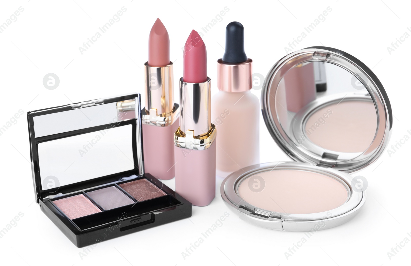 Photo of Different luxury cosmetic products on white background