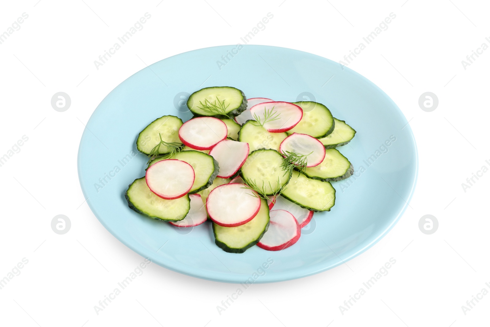 Photo of Tasty salad with cucumber and radish isolated on white