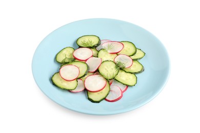 Photo of Tasty salad with cucumber and radish isolated on white