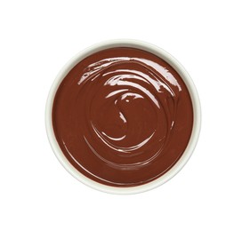 Photo of Melted milk chocolate in bowl isolated on white, top view