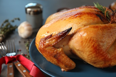 Photo of Platter of cooked turkey with rosemary on table, closeup