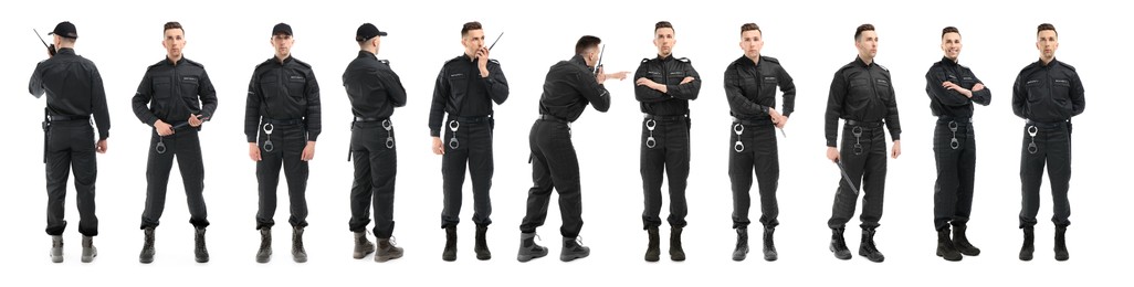 Image of Collage of professional security guard on white background. Banner design