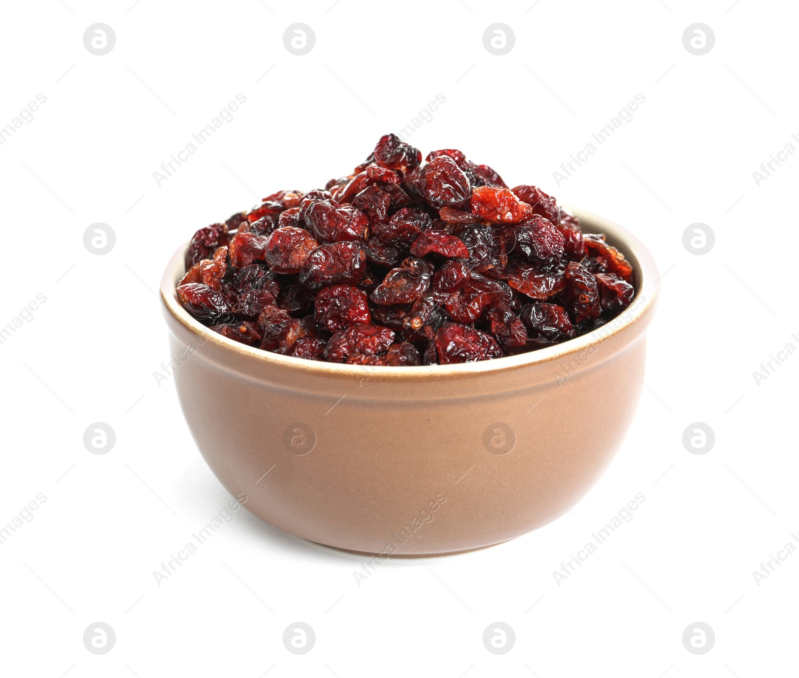 Photo of Bowl with cranberries on white background. Dried fruit as healthy snack