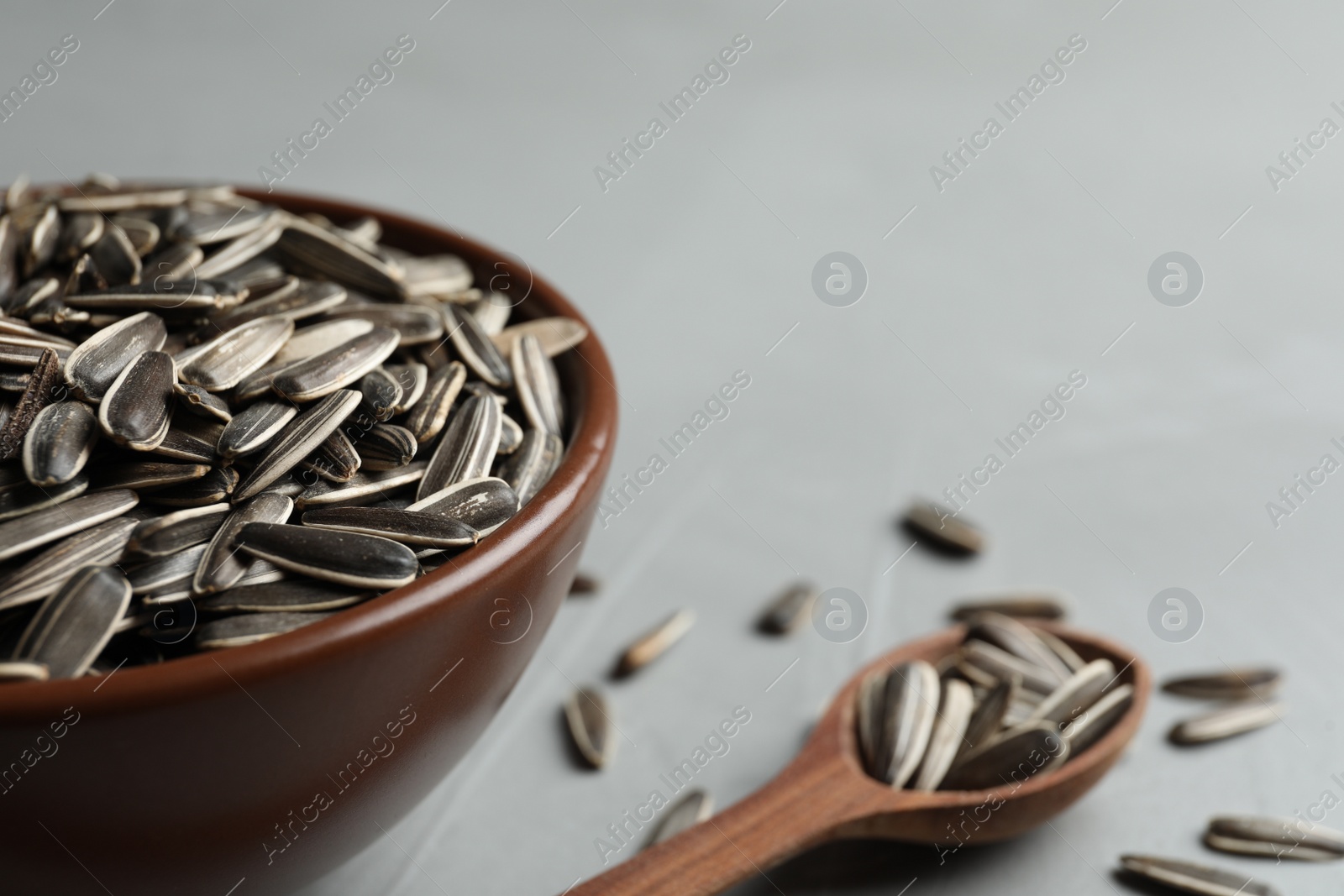 Photo of Raw sunflower seeds on grey table, closeup. Space for text