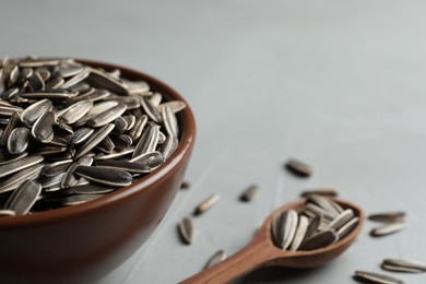 Raw sunflower seeds on grey table, closeup. Space for text
