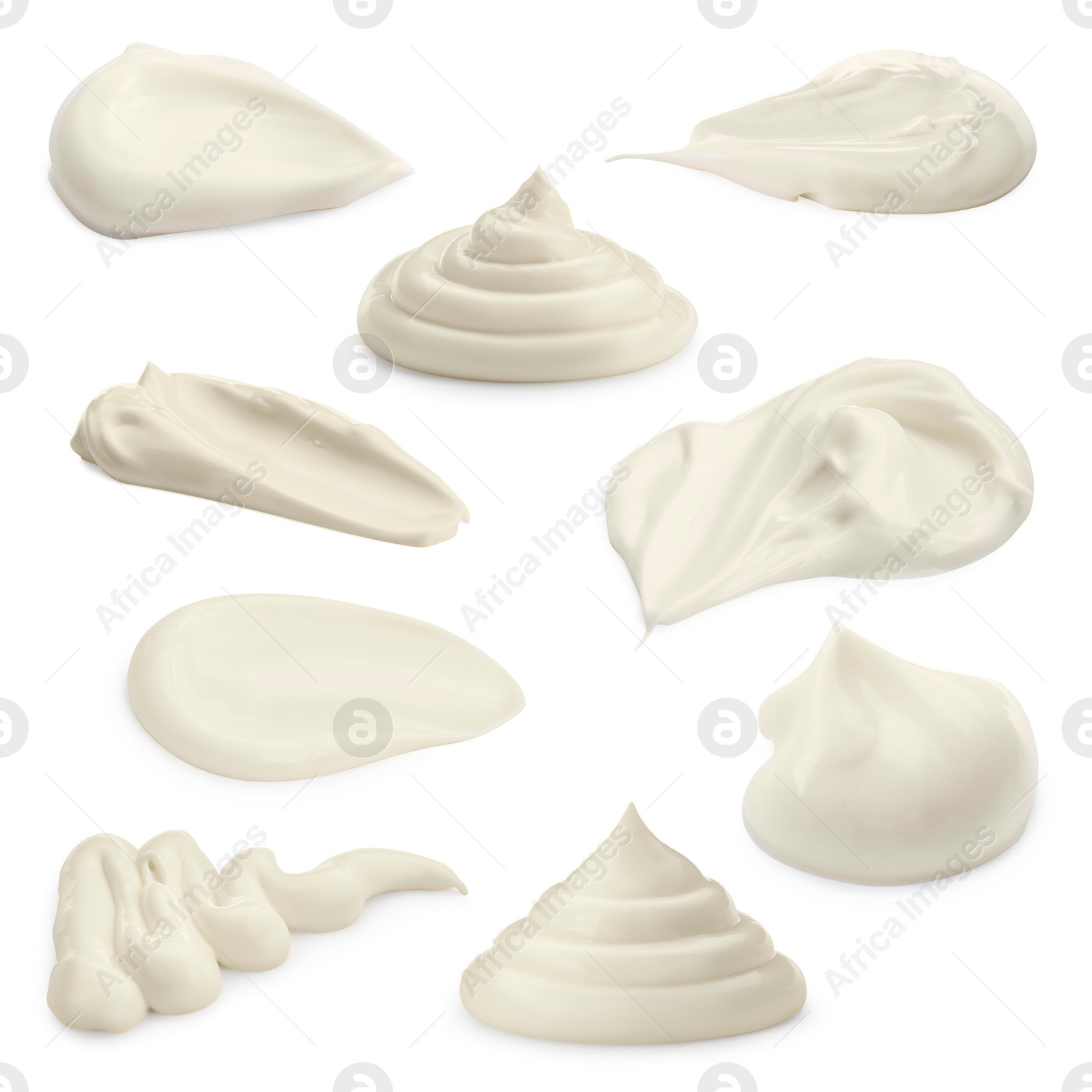 Image of Sour cream or mayonnaise smears isolated on white, set. Delicious sauce