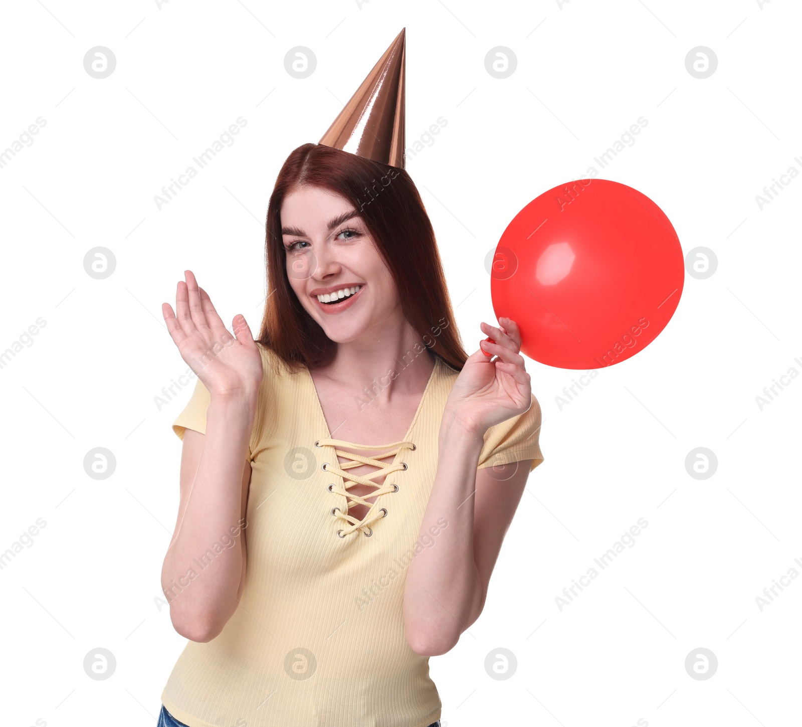 Photo of Happy woman in party hat with balloon on white background