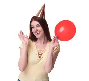 Photo of Happy woman in party hat with balloon on white background
