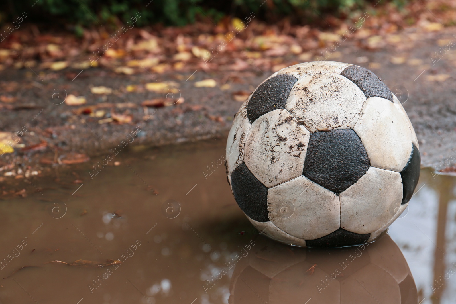 Photo of Dirty soccer ball in muddy puddle, space for text