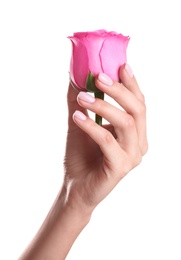 Woman holding rose on white background, closeup. Spa treatment