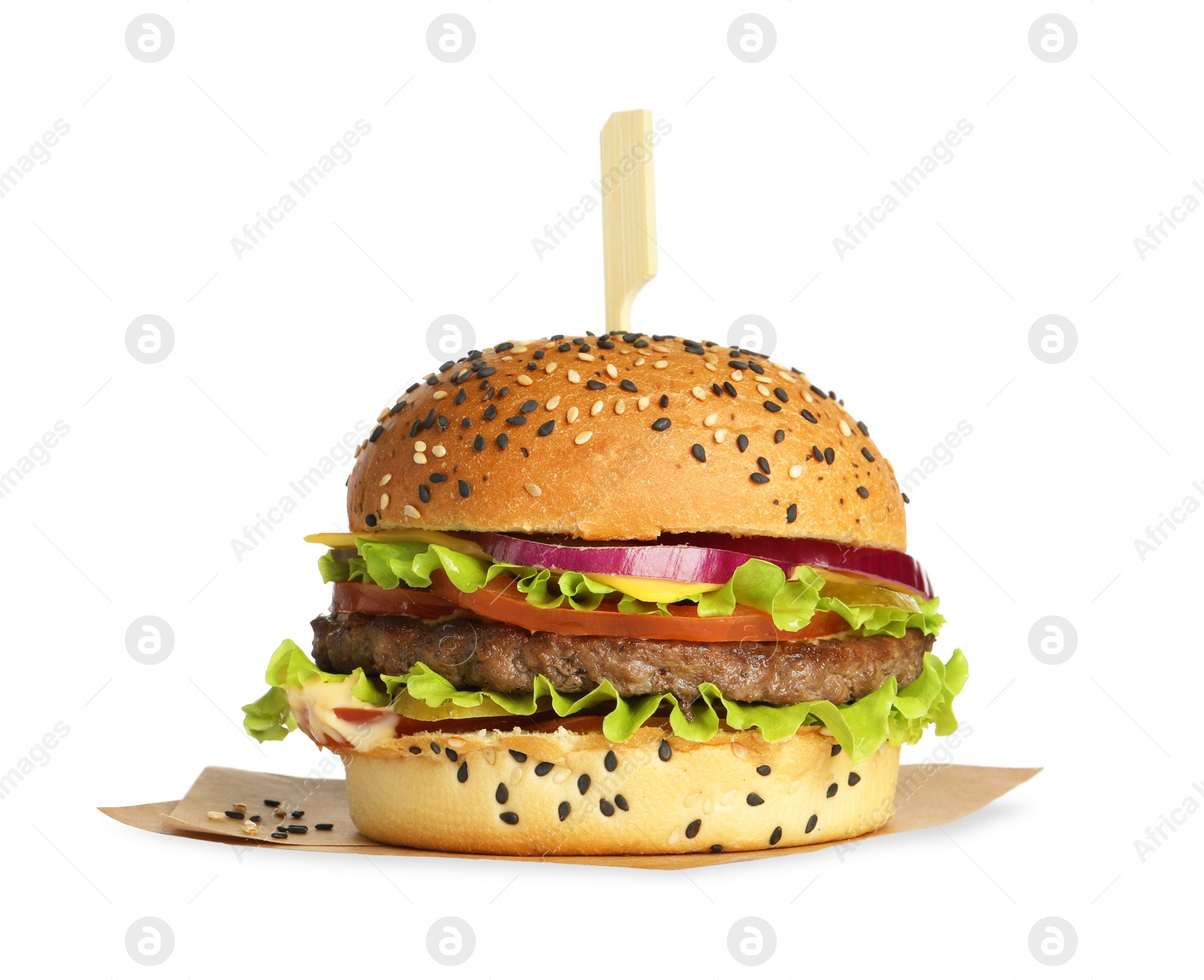 Burger with delicious patty isolated on white Photo of Burger with delicious patty isolated on white