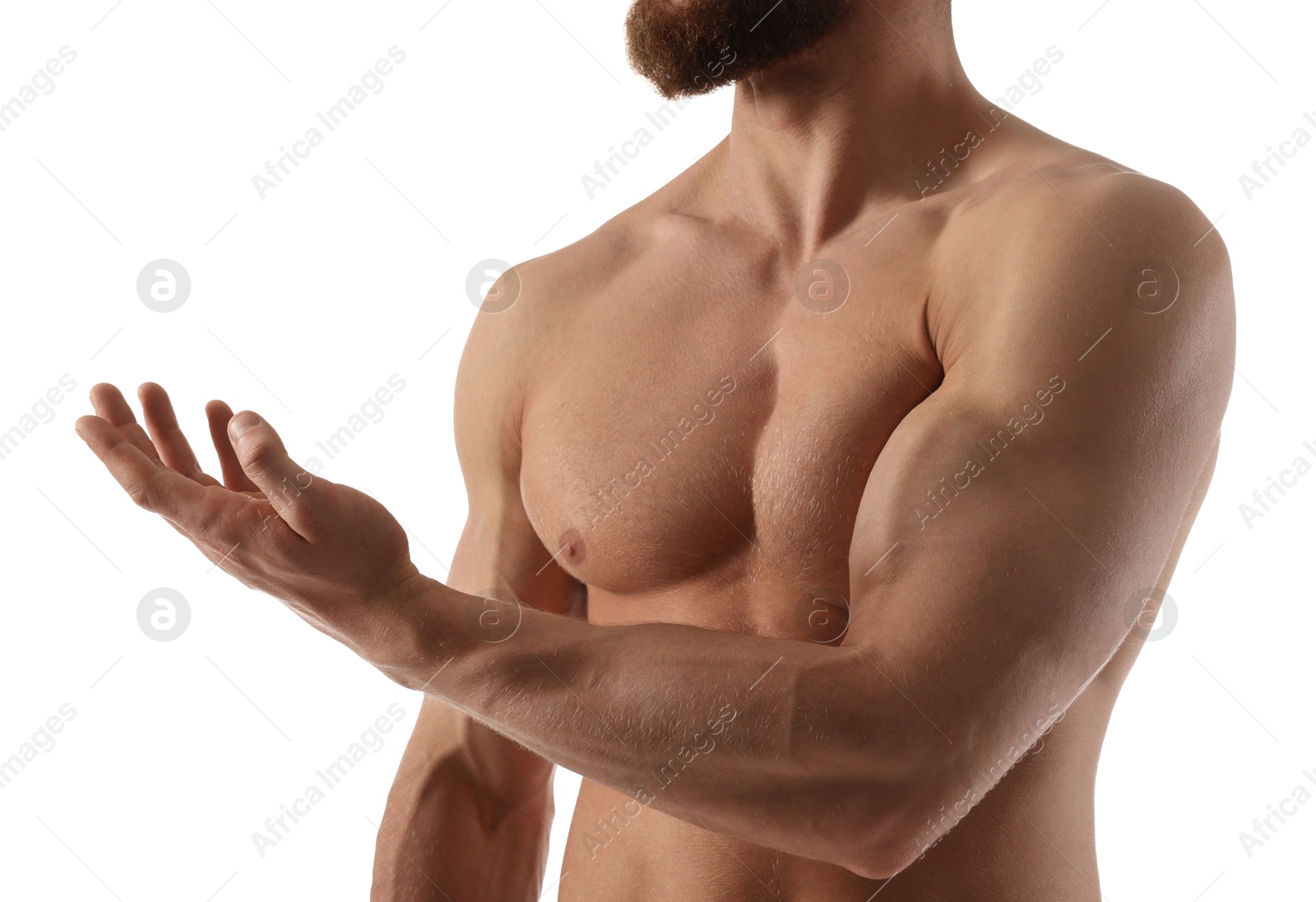 Photo of Man with muscular body on white background, closeup