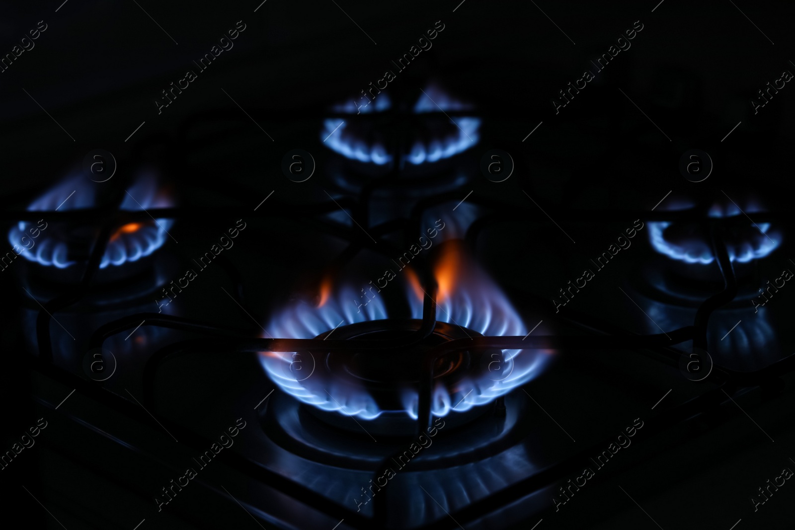 Photo of Gas cooktop with burning blue flames in darkness