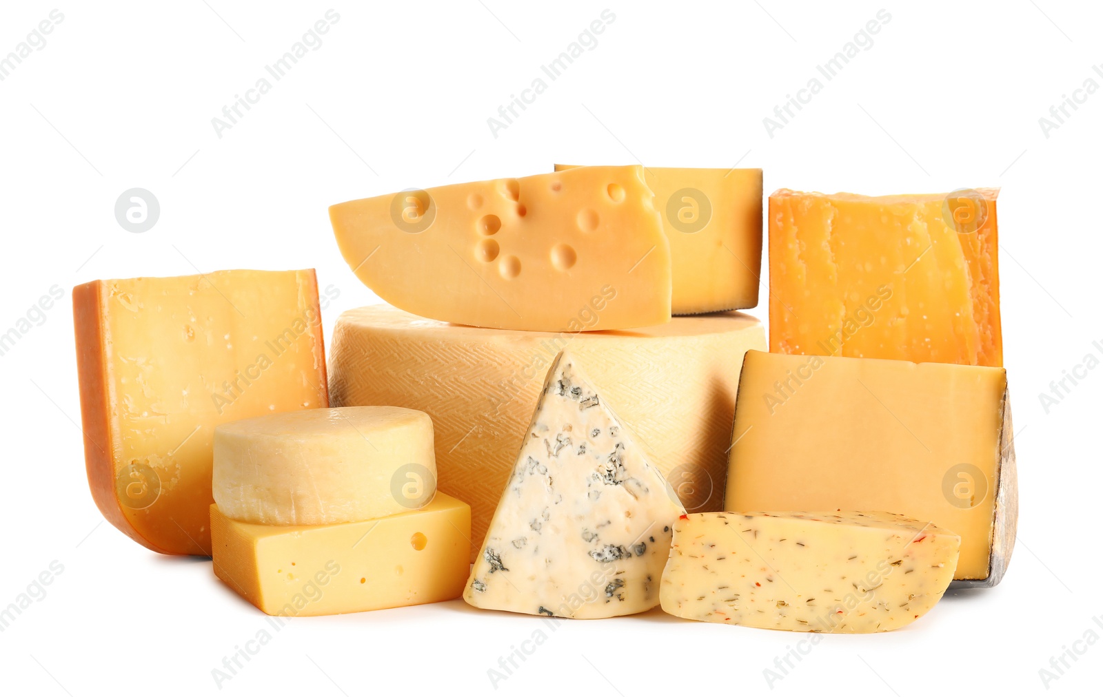 Photo of Composition with different kinds of tasty cheese on white background