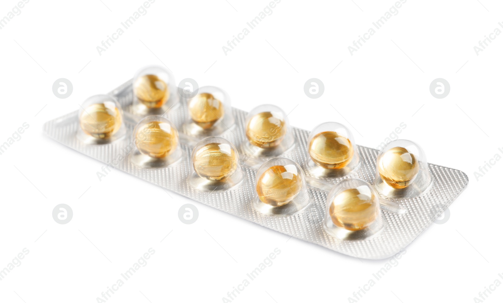 Photo of Blister with bright pills isolated on white