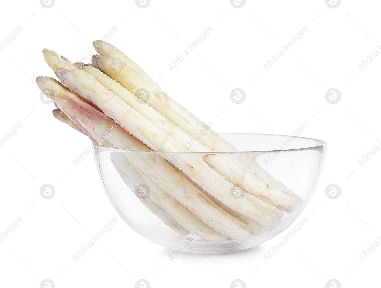 Photo of Fresh ripe asparagus in bowl isolated on white