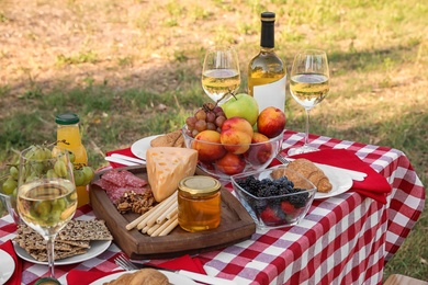 Photo of Picnic table with different tasty snacks and wine