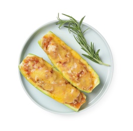 Photo of Plate of delicious stuffed zucchini on white background, top view