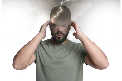 Image of Headache. Double exposure of man and lightning on white background