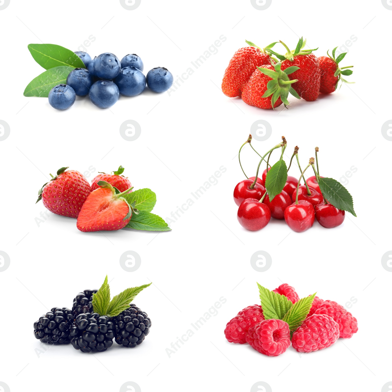 Image of Set of different ripe berries on white background