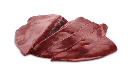 Photo of Cut raw beef liver isolated on white